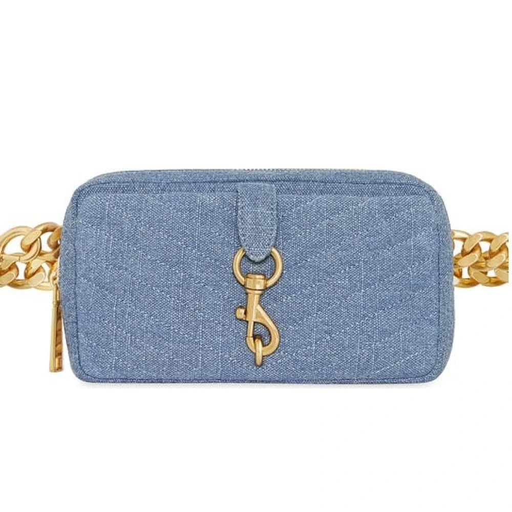 Rebecca Minkoff Eddie Blue Denim Chevron Quilted Gold Chain Belt Bag NWT